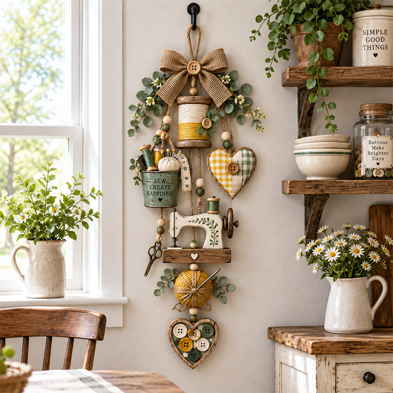 🧵✨ Lighted Sewing Room Hanging Decor – Rustic Farmhouse Craft Lover Wall Ornament