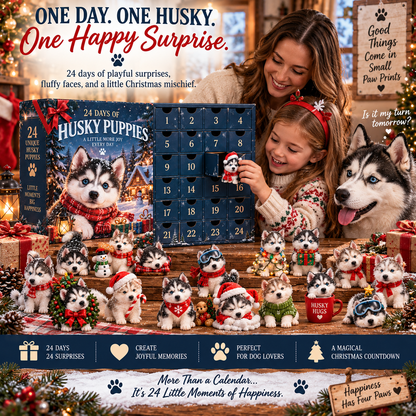 🐺 24 Days of Husky Puppies Advent Calendar – 24 Unique Realistic Siberian Husky Figurines, Christmas Gift for Husky Lovers