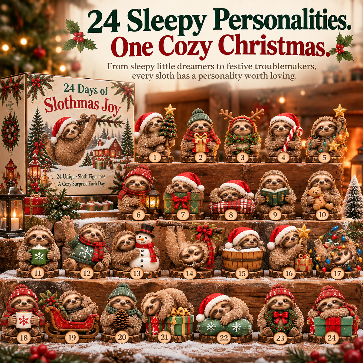 🦥🎄 24 Days of Slothmas Joy – Christmas Advent Calendar with 24 Unique Sloth Figurines 🎁❤️