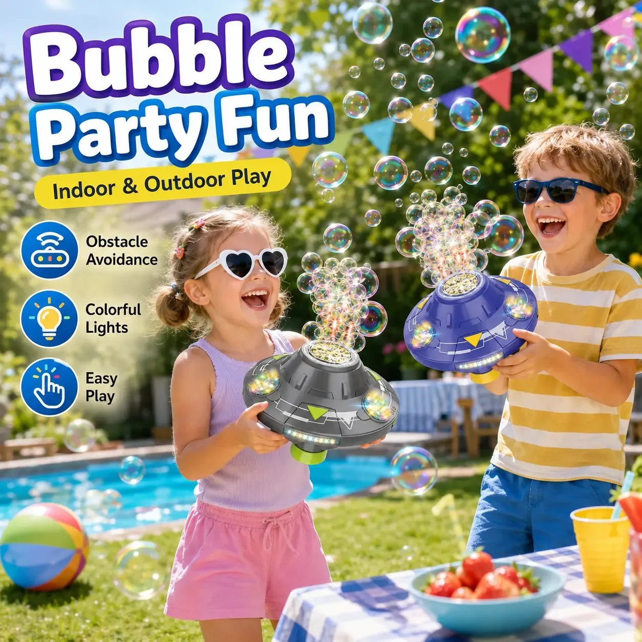 🎉Flying Saucer Bubble Maker for Kids, Automatic Rotating Bubble Blower with Lights, Music(incloude Bubble Solution)