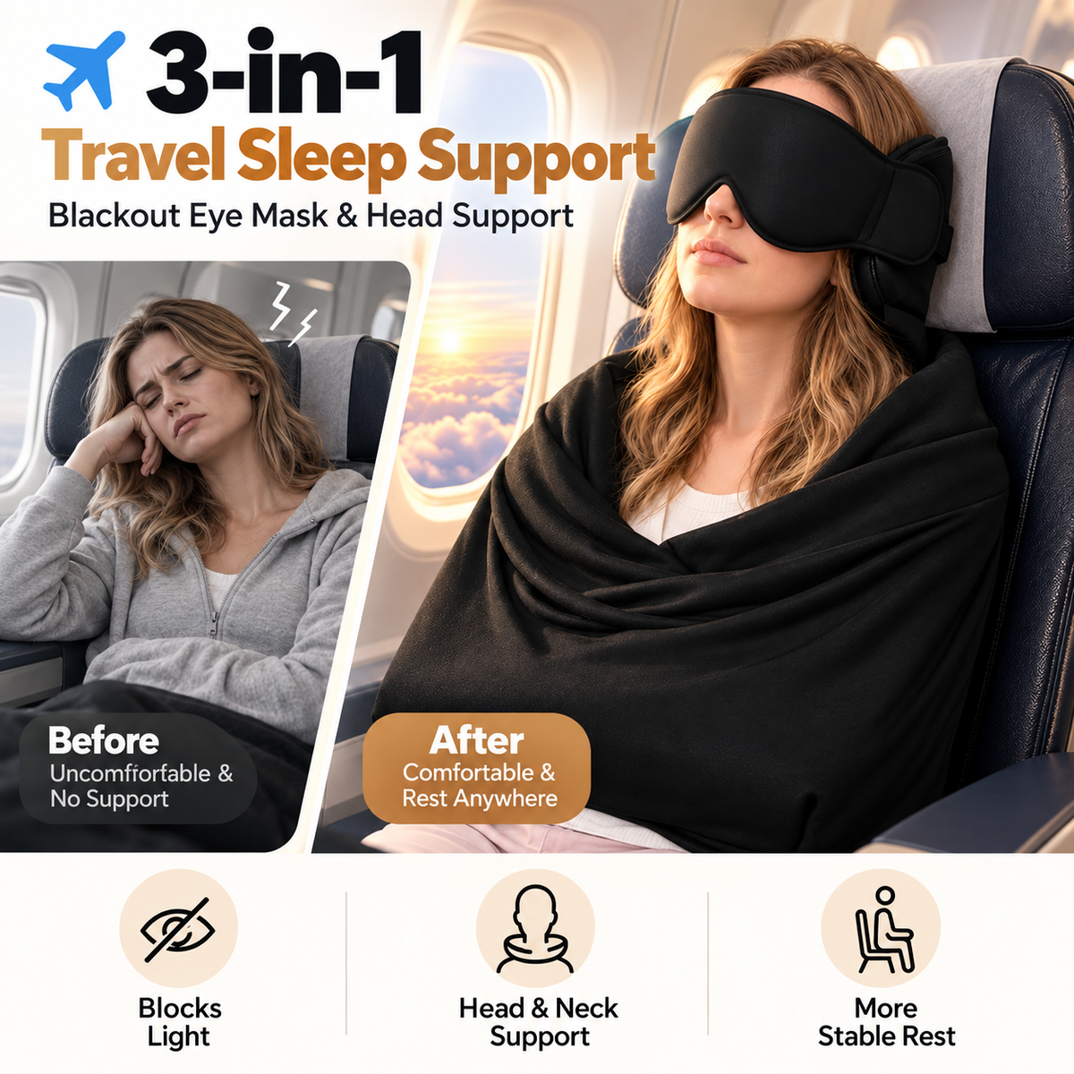 ✈️ 3-in-1 Travel Sleep Support – Blackout Eye Mask & Head Support