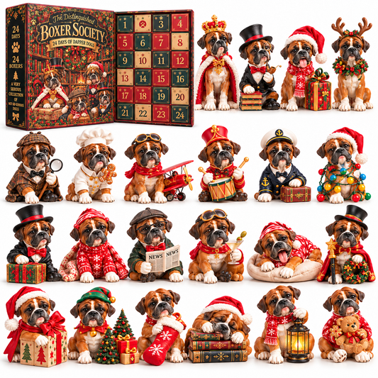 🐾 The Distinguished Boxer Society 🎩 – 24-Day Boxer Dog Advent Calendar 🎄 | 24 Unique Christmas Figurines & Gifts for Boxer Lovers 🎁