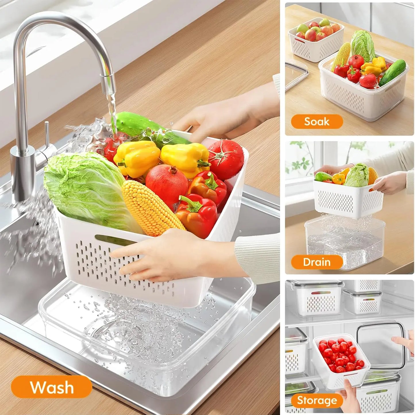 Fridge Organizers and Storage - Stackable Fruit Storage Containers for Fridge with Removable Colander, BPA-Free Food Storage Container for Salad Berry Lettuce Vegetables Meat Keeper Fresh