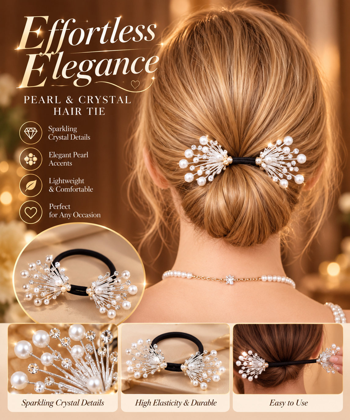 ✨ Elegant Pearl & Crystal Hair Tie – Effortless Elegance 🤍