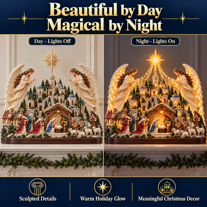 🎄✨ Angels Over Bethlehem™ – Lighted 3D Nativity Mantel Centerpiece with Angel Wings & Star