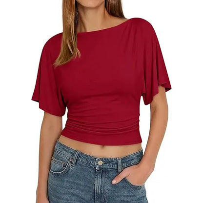 Summer Chic: Soft Viscose Boat Neck Tie-Back Wrap Top