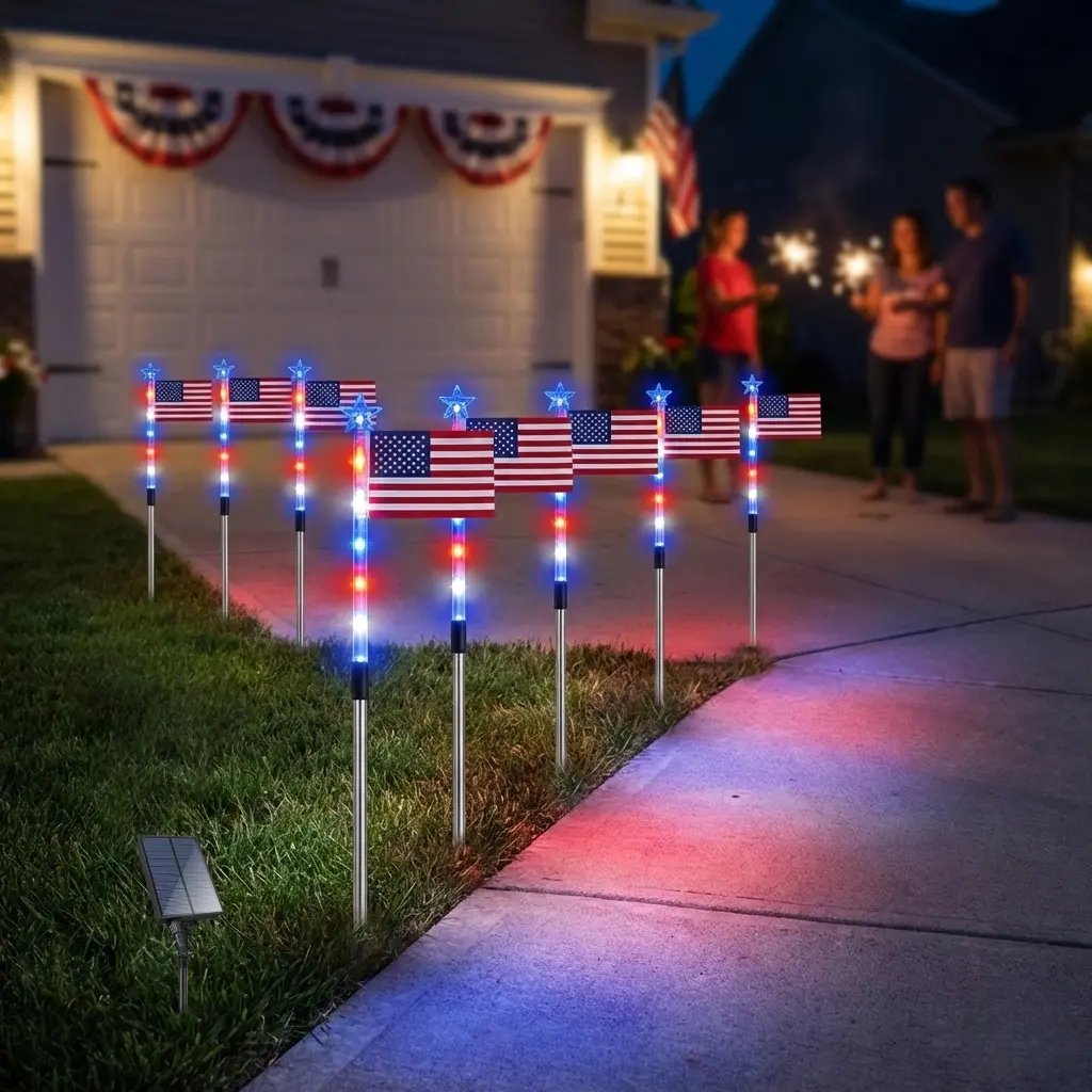 8-Piece American Flag Solar Pathway Lights - LED Patriotic Stakes with 8 Lighting Modes -Waterproof Garden Decor for 4th of July & Memorial Day