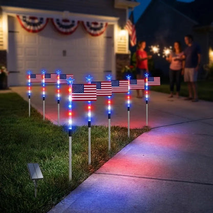 8-Piece American Flag Solar Pathway Lights - LED Patriotic Stakes with 8 Lighting Modes -Waterproof Garden Decor for 4th of July & Memorial Day