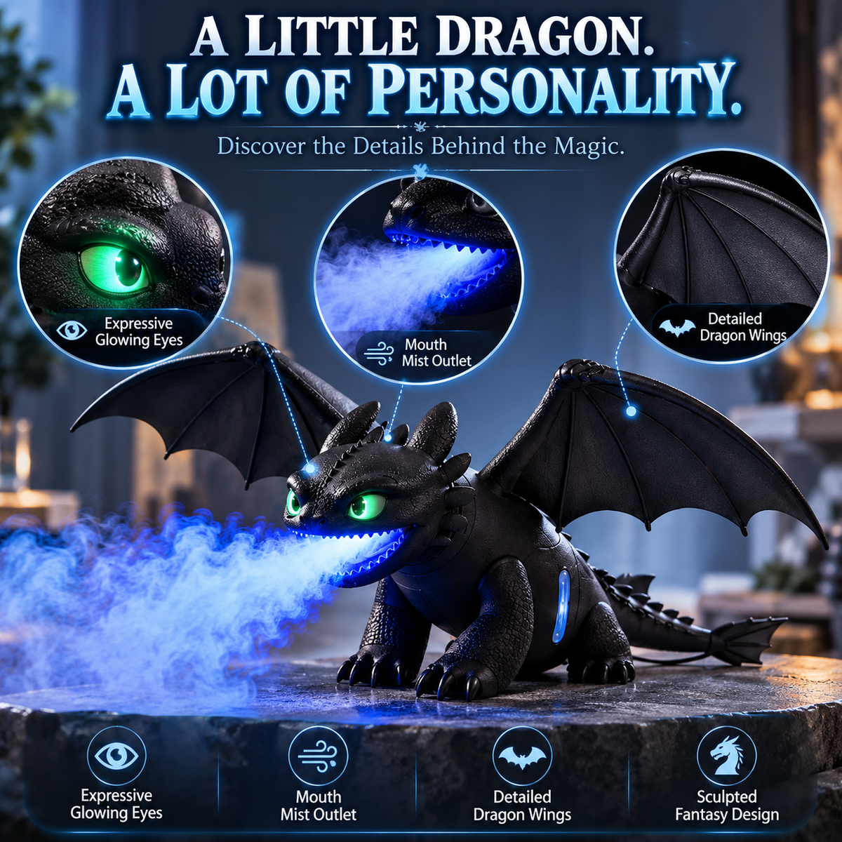 🐉 Black Dragon Mist Humidifier – Magical Blue Dragon Breath, Glowing Green Eyes & Fantasy Desk Decor ✨