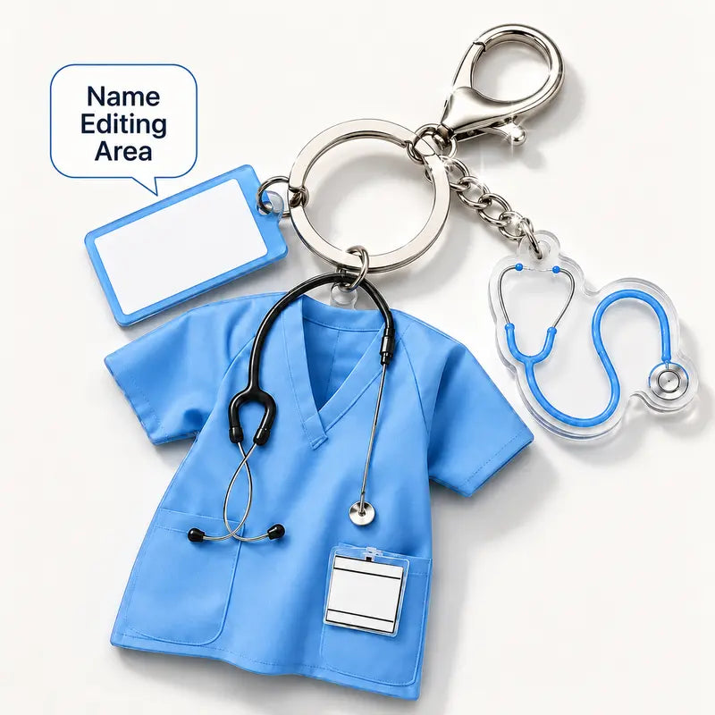 Personalized Nurse Scrub Acrylic Keychain with Stethoscope Charm