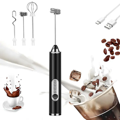 Rechargeable Milk Frother Handheld with 3 Heads 3 Speeds