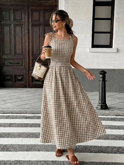 Women's Plaid Tie-Shoulder Maxi Dress | Sleeveless Elastic Summer Casual Dress