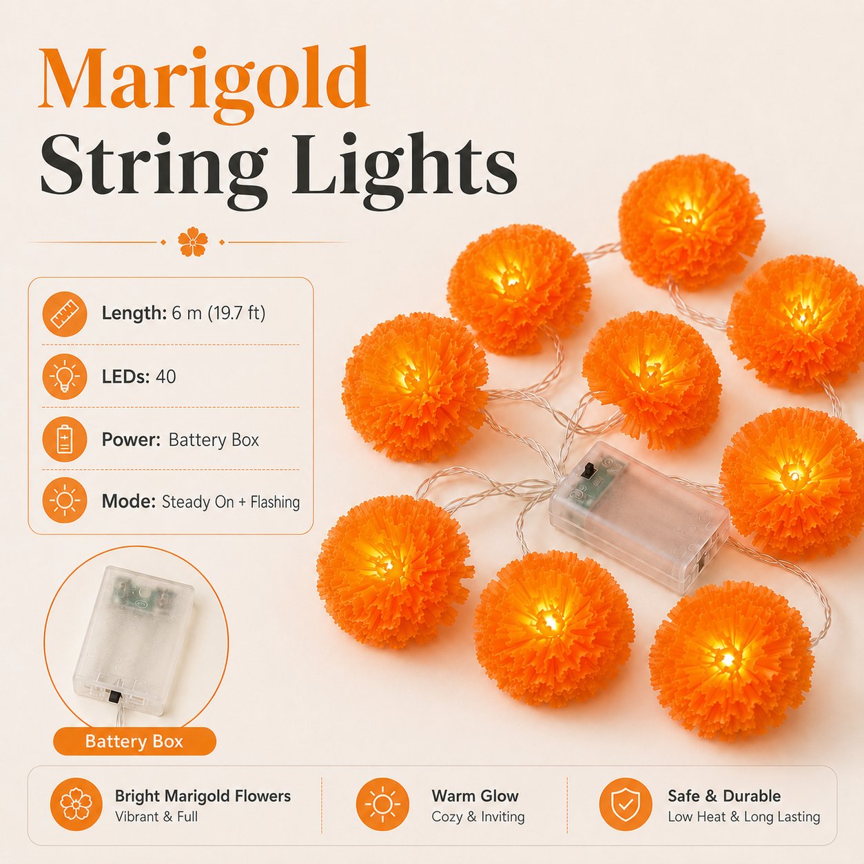 🎃🌼 Halloween Marigold LED Fairy String Lights