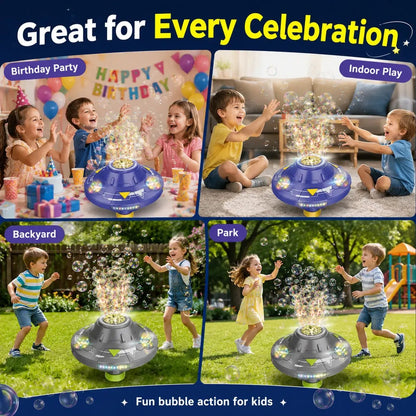 🎉Flying Saucer Bubble Maker for Kids, Automatic Rotating Bubble Blower with Lights, Music(incloude Bubble Solution)