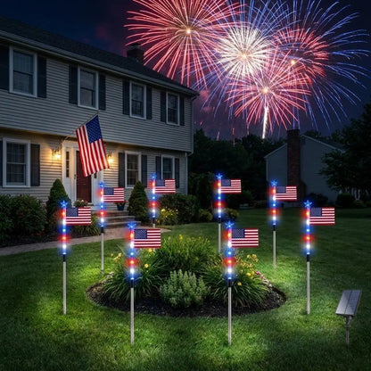 8-Piece American Flag Solar Pathway Lights - LED Patriotic Stakes with 8 Lighting Modes -Waterproof Garden Decor for 4th of July & Memorial Day