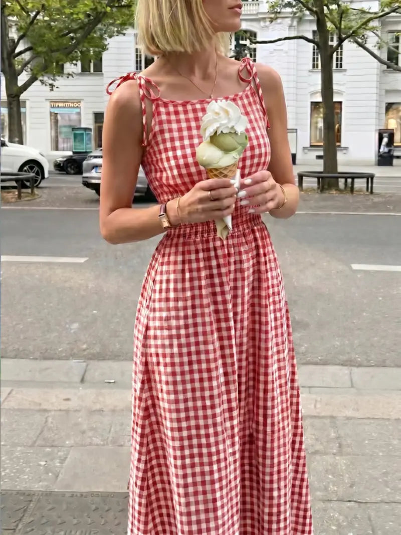 Women's Plaid Tie-Shoulder Maxi Dress | Sleeveless Elastic Summer Casual Dress