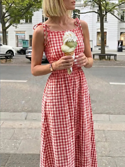 Women's Plaid Tie-Shoulder Maxi Dress | Sleeveless Elastic Summer Casual Dress
