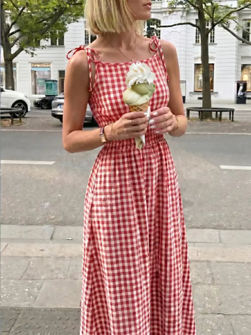 Women's Plaid Tie-Shoulder Maxi Dress | Sleeveless Elastic Summer Casual Dress