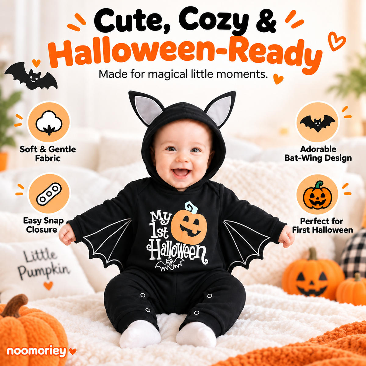 🎃 Baby’s First Halloween Bat Romper – Cute Winged Hooded One-Piece Costume