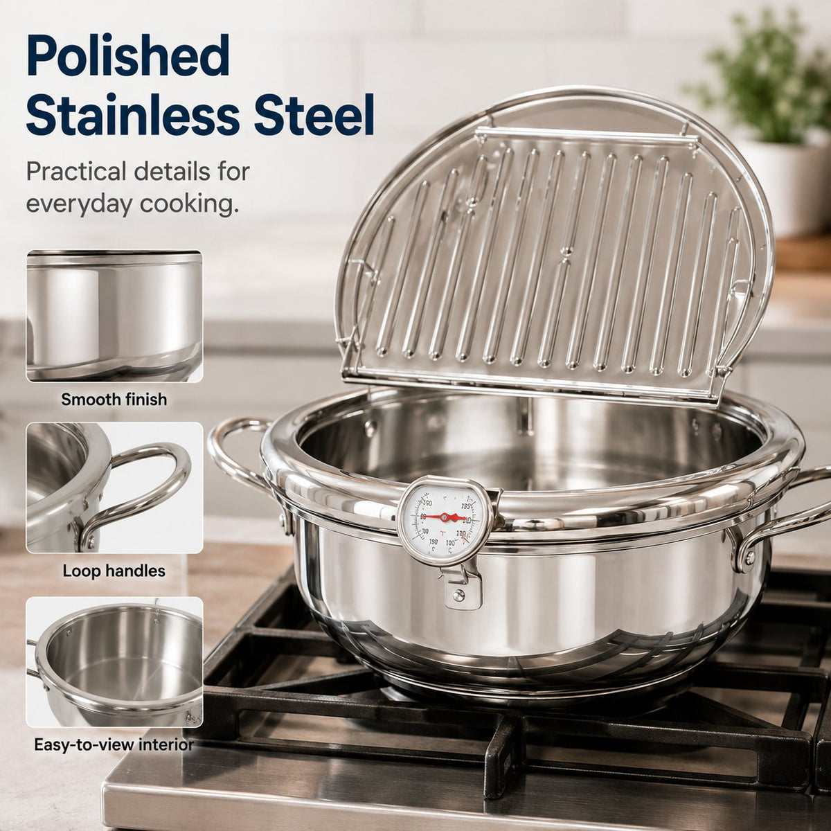 🍟 Stainless Steel Deep Fryer Pot with Thermometer & Frying Basket – Easy Home Frying