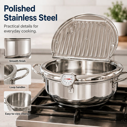 🍟 Stainless Steel Deep Fryer Pot with Thermometer & Frying Basket – Easy Home Frying