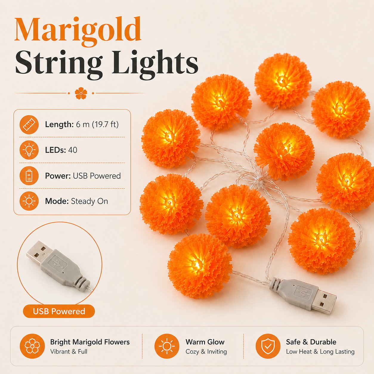 🎃🌼 Halloween Marigold LED Fairy String Lights