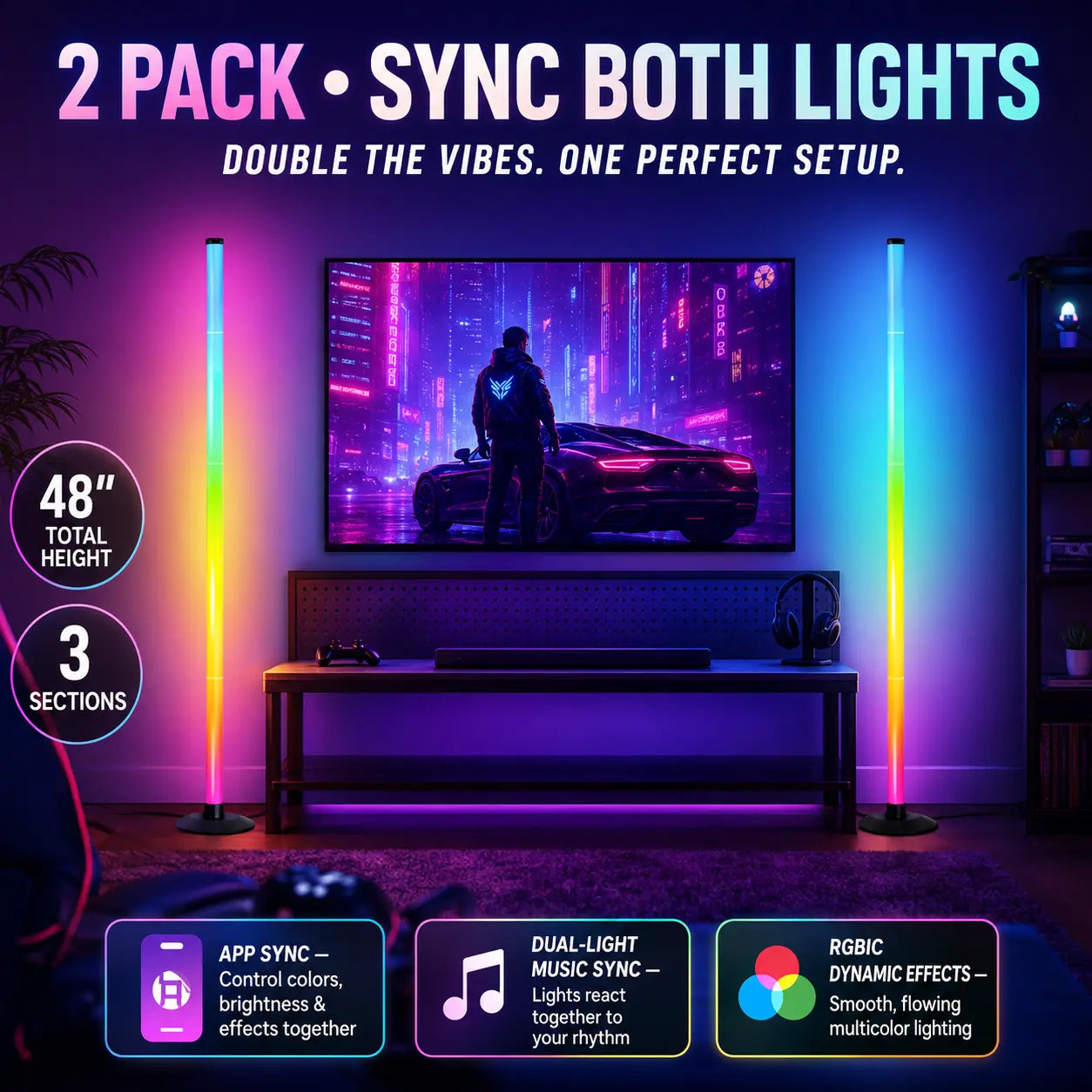 🌈48in RGBCorner Floor Lamp, App & Remote Control, Music Sync LED Ambient Light