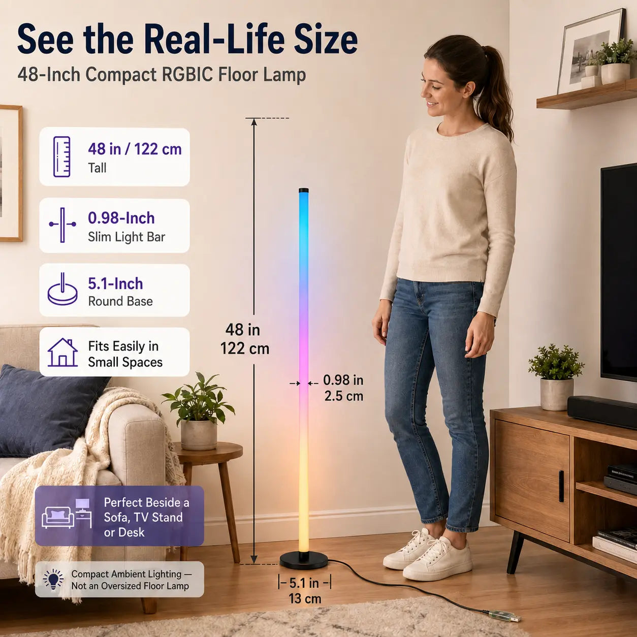 🌈48in RGBCorner Floor Lamp, App & Remote Control, Music Sync LED Ambient Light