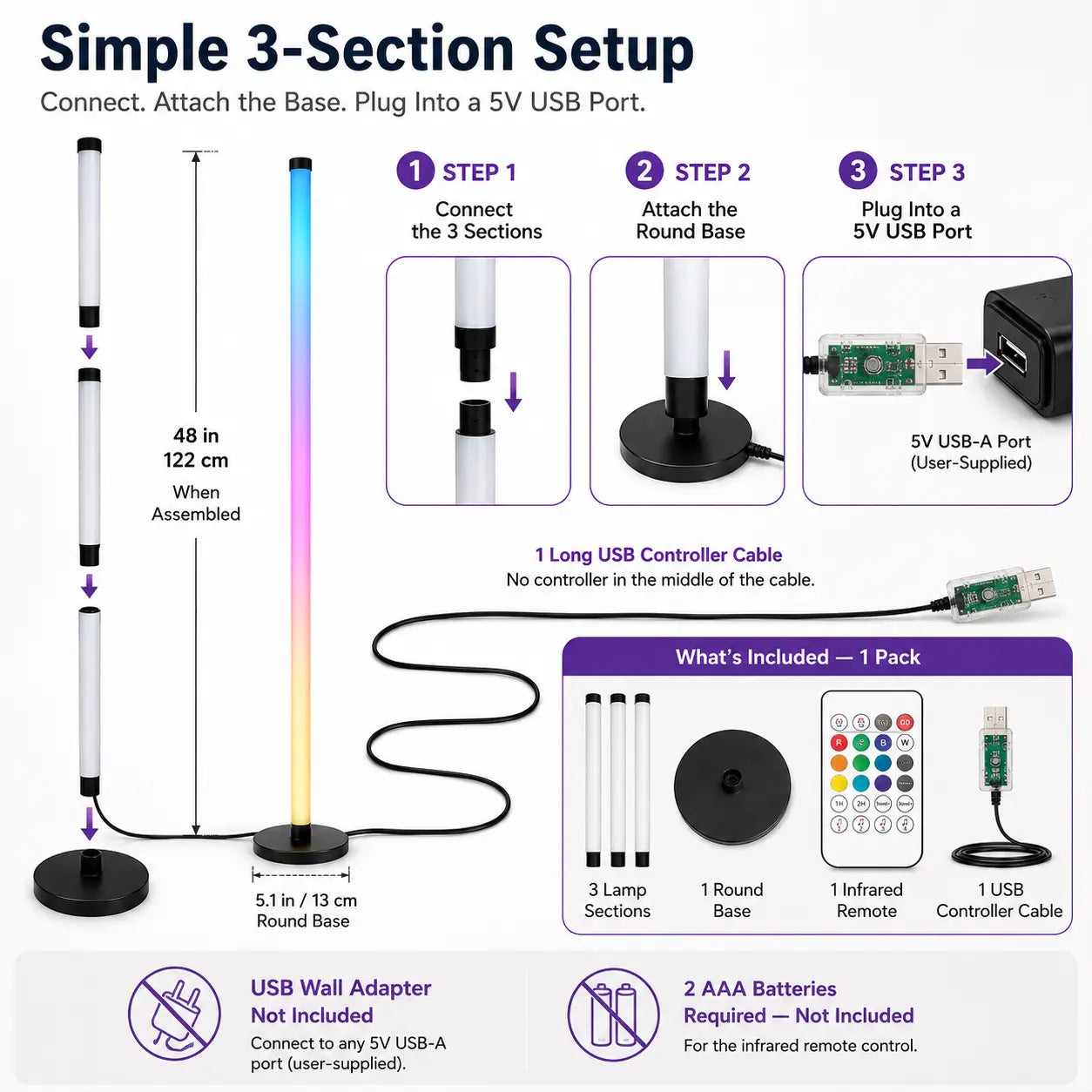 🌈48in RGBCorner Floor Lamp, App & Remote Control, Music Sync LED Ambient Light