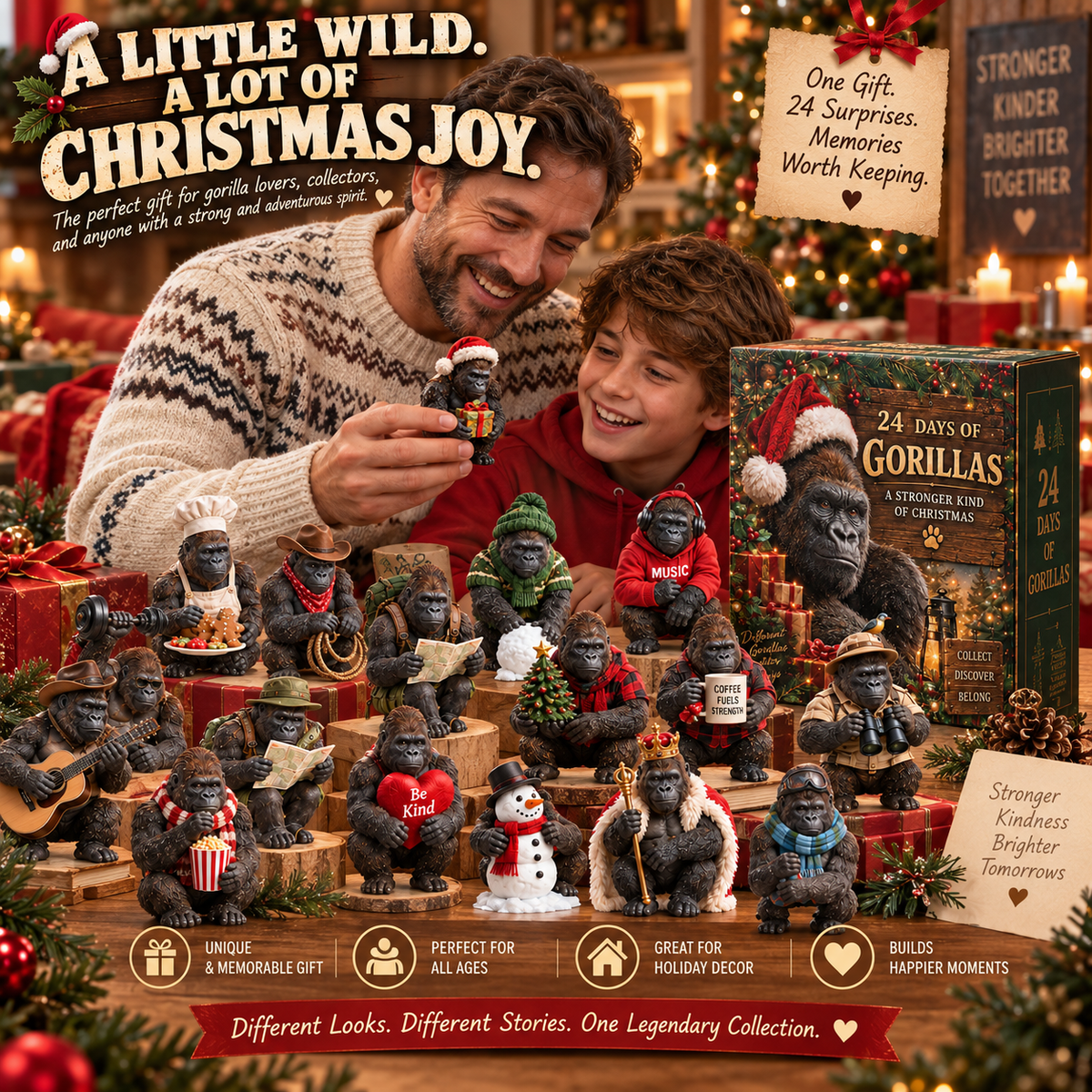 🦍 24 Days of Gorillas Advent Calendar – 24 Unique Realistic Gorilla Figurines, Christmas Countdown Gift for Gorilla Lovers