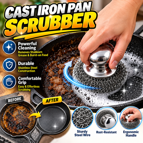 Heavy-Duty Stainless Steel Cast Iron Cleaner with Comfort Grip Knob – Rust-Resistant Wire Scrubber for Stubborn Grease & Pots