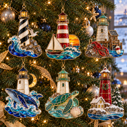 Coastal Lighthouse Christmas Ornaments – Vintage Stained Glass Style, Set of 6