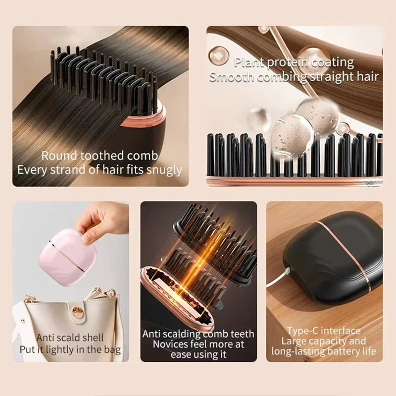 Compact cordless hair straightening brush with USB-C charging