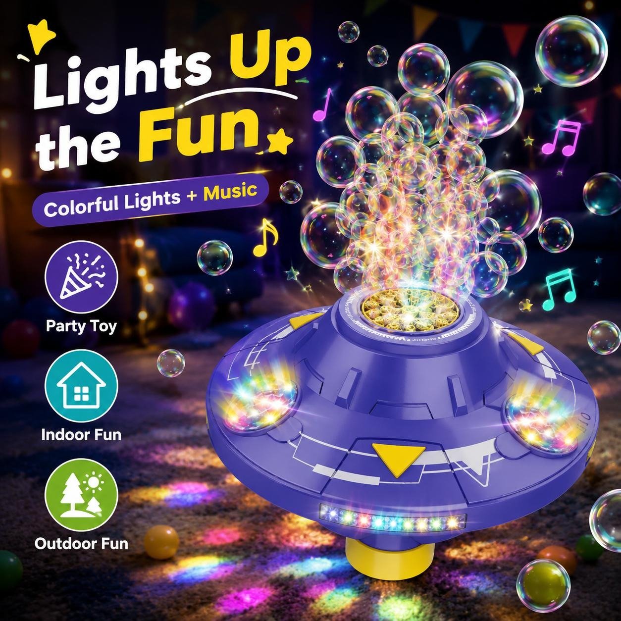 🎉Flying Saucer Bubble Maker for Kids, Automatic Rotating Bubble Blower with Lights, Music(incloude Bubble Solution)