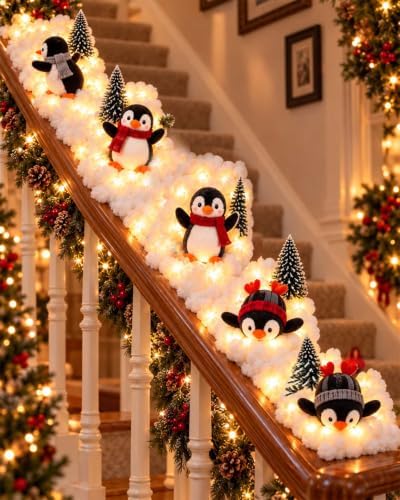 🐧✨ Penguin Christmas Balcony Railing Decor with LED Lights 🎄