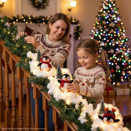 🐧✨ Penguin Christmas Balcony Railing Decor with LED Lights 🎄