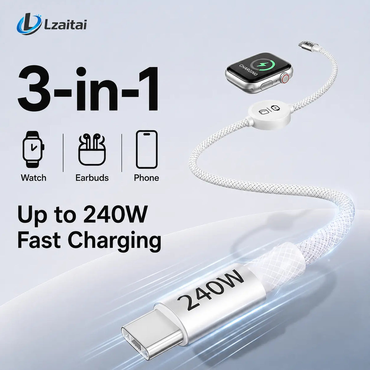 240W 3-in-1 USB-C Travel Charger with Magnetic Watch Charger & 5FT Cable