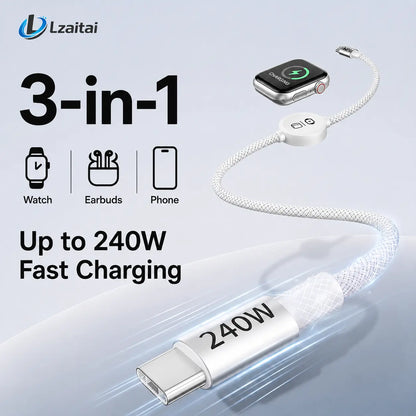 240W 3-in-1 USB-C Travel Charger with Magnetic Watch Charger & 5FT Cable