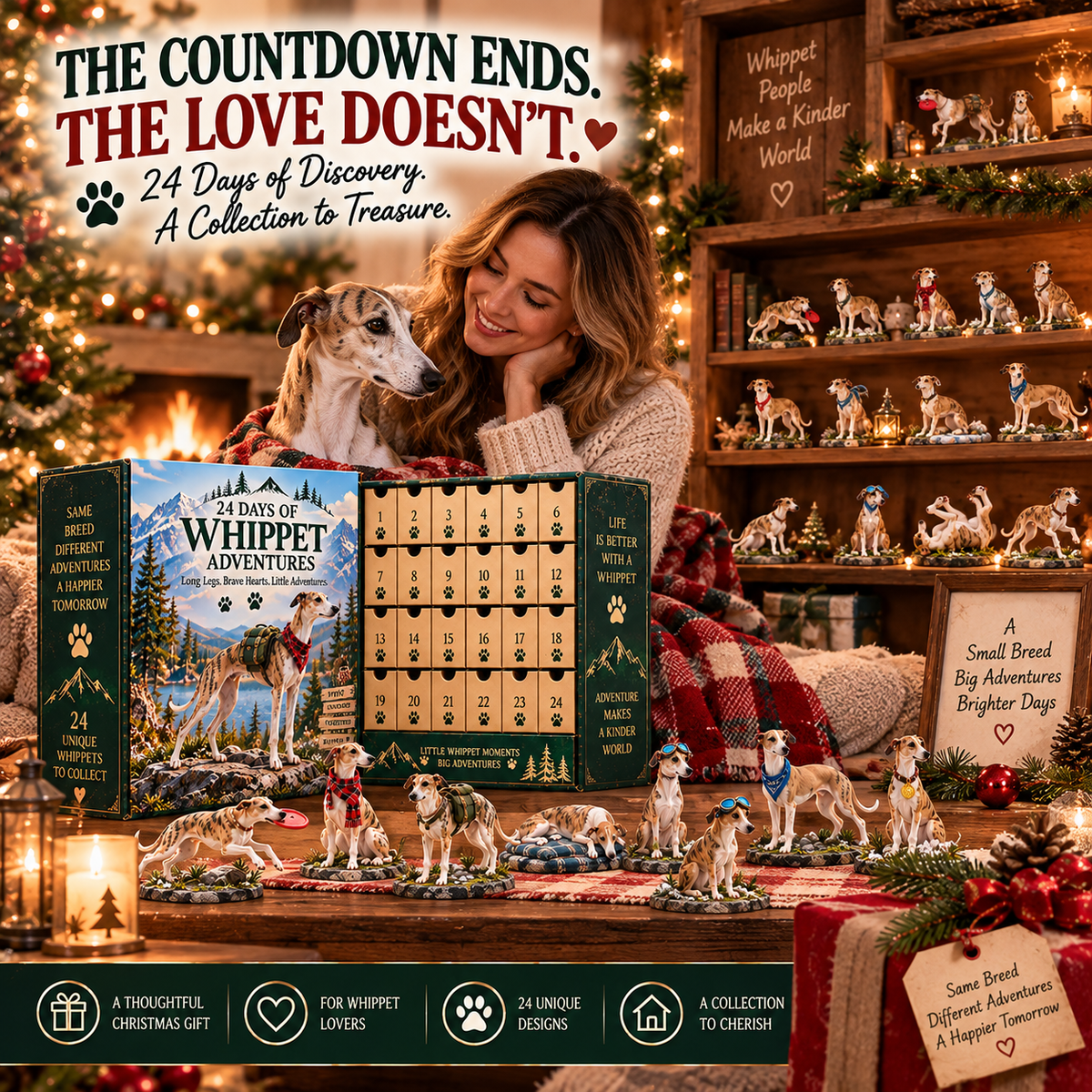 🐾 24 Days of Whippet Adventures – Christmas Advent Calendar | 24 Unique Dog Collectible Figurines