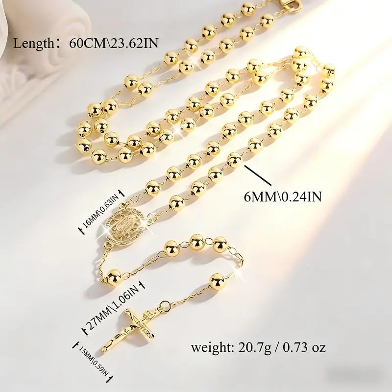 Fashion Hollow Virgin Guadalupe Prayer Bead Cross Necklace