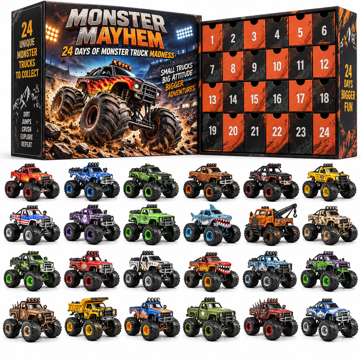 🏁 24 Days of Monster Mayhem – Monster Truck Christmas Advent Calendar | 24 Unique Collectible Trucks