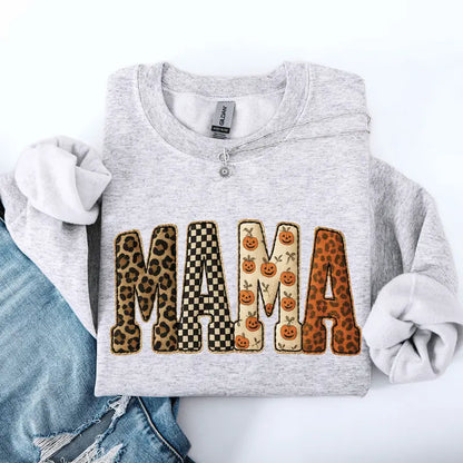 Mama Halloween Pumpkin Leopard Checkered Sweatshirt | Cute Fall Graphic Pullover for Women
