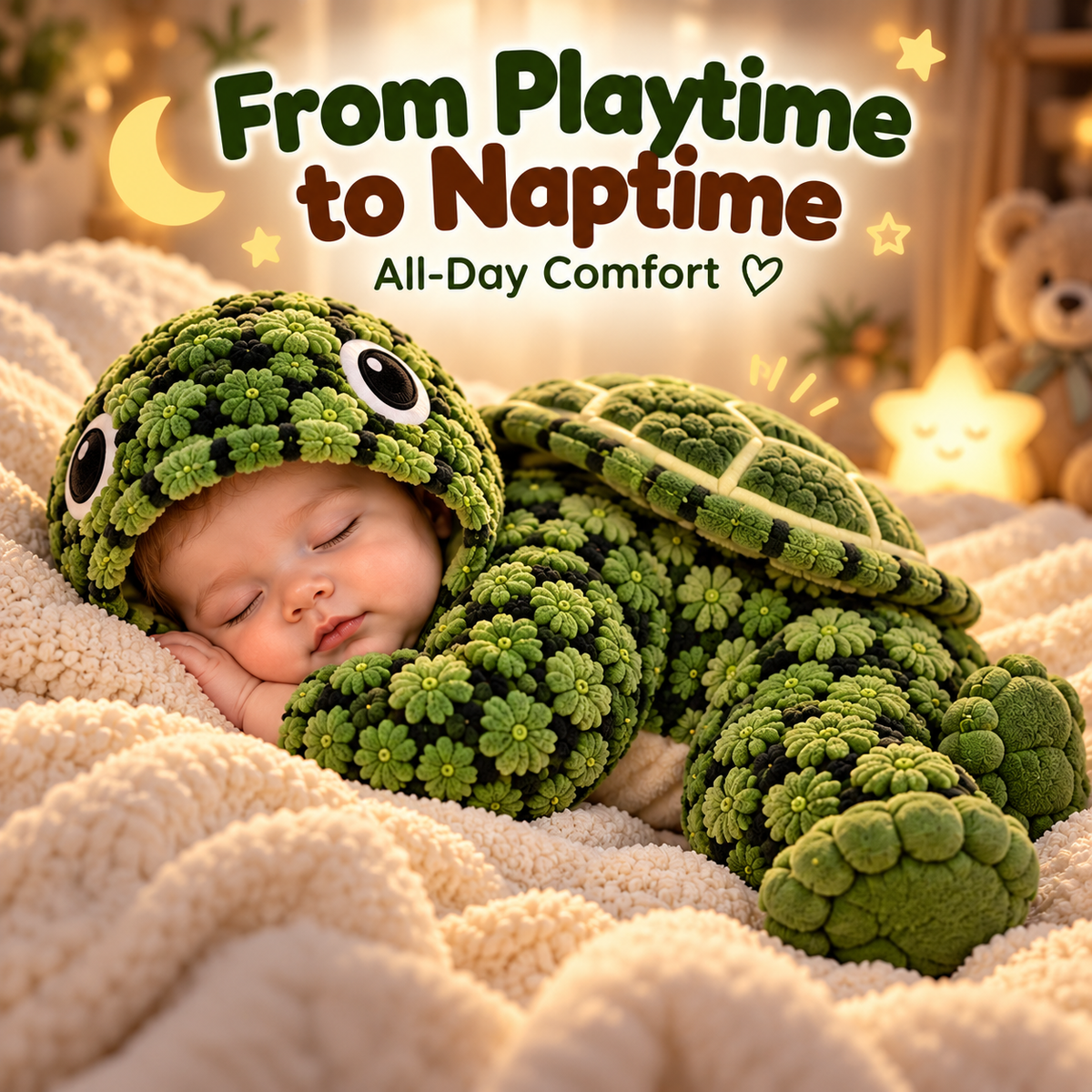 Little Turtle Plush 3D Shell Baby Onesie – Cute Hooded Cozy Romper