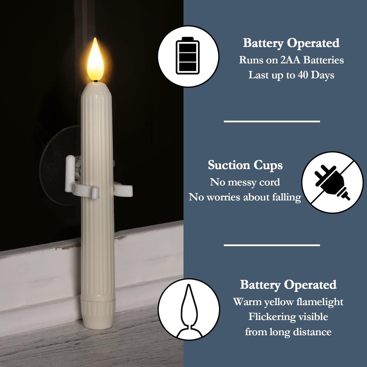 Dusk-to-dawn LED window candles with suction cups
