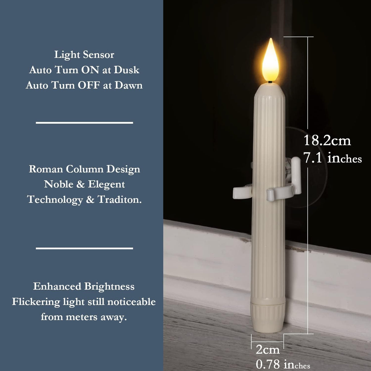 Dusk-to-dawn LED window candles with suction cups