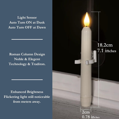 Dusk-to-dawn LED window candles with suction cups