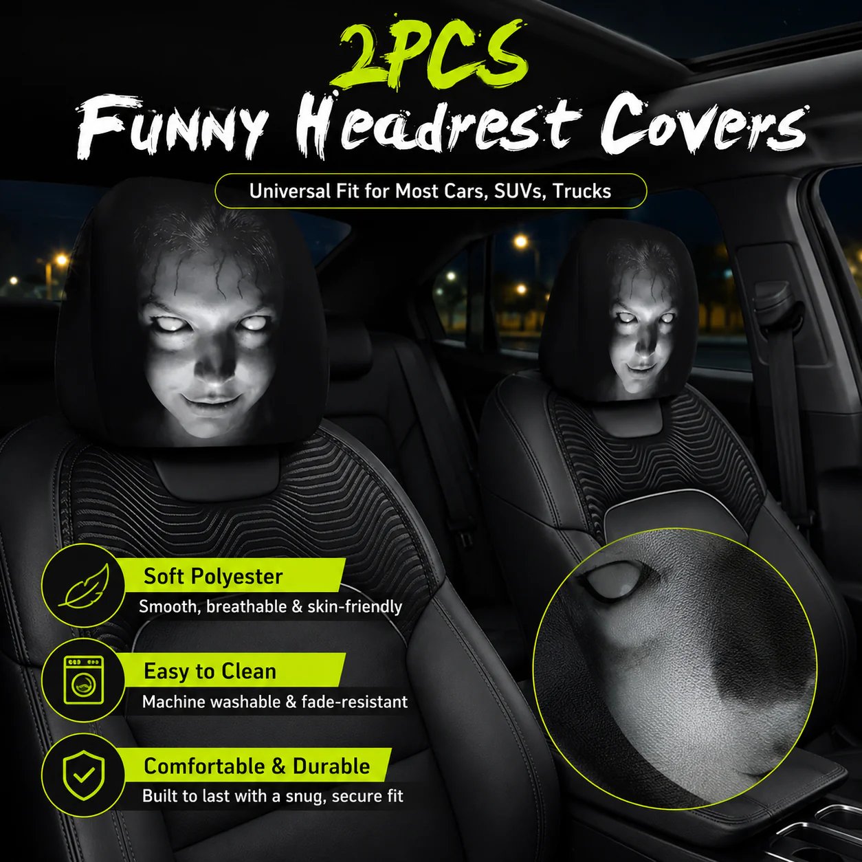 🔥Halloween Scary Face Car Headrest Covers (2-Pack) 🚗