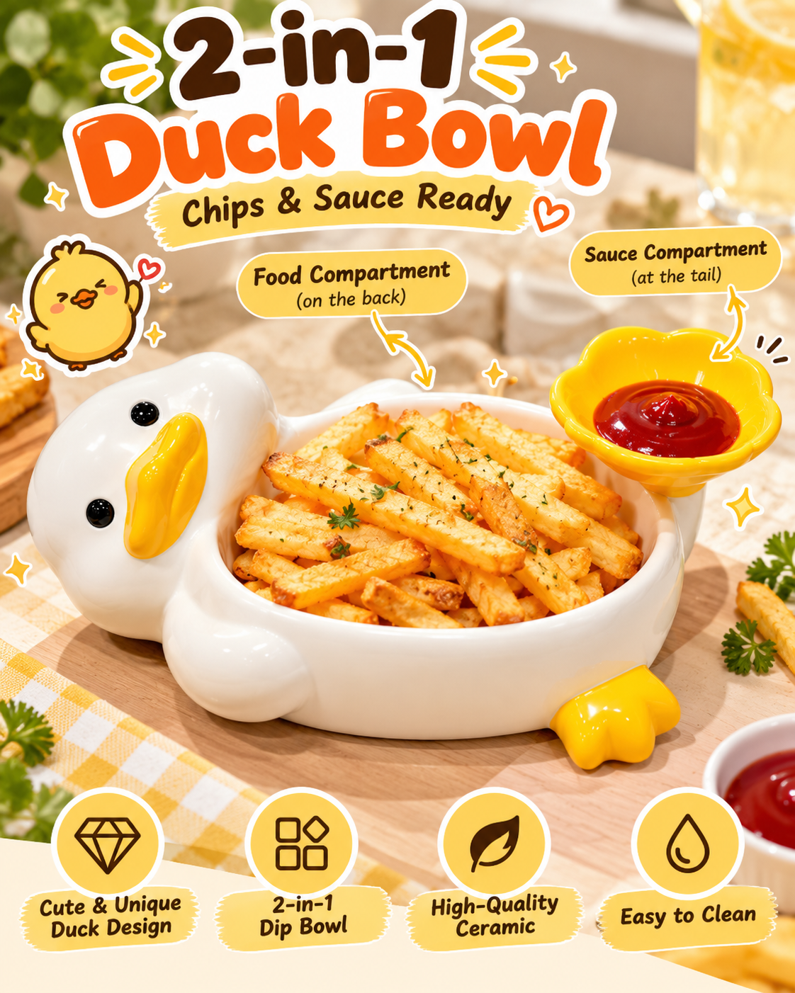 🐤✨ 2-in-1 Cute Duck Snack & Dip Bowl – Multi-Purpose Dish