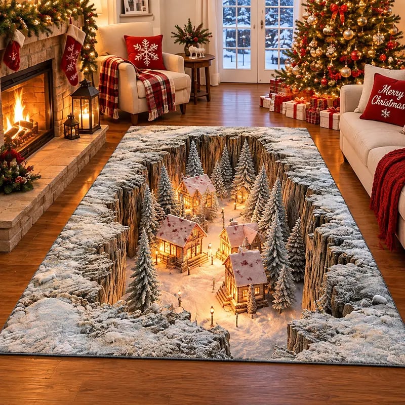 Optical Illusion Christmas Scene Rug | Bring A Hidden Winter Village To Your Floor