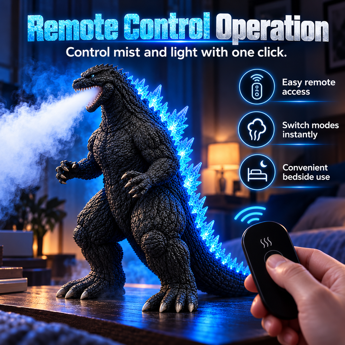 🌊👾 Kaiju Mist Diffuser & Humidifier – Cool Mist, Blue LED Glow & Remote Control 💙